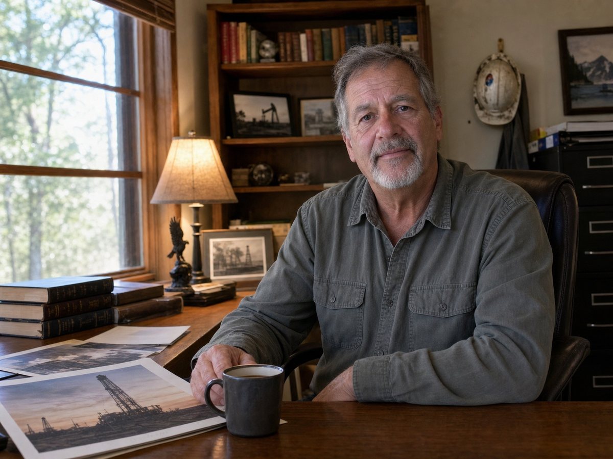 Dale Hargrove at his desk, his old hard hat on the wall