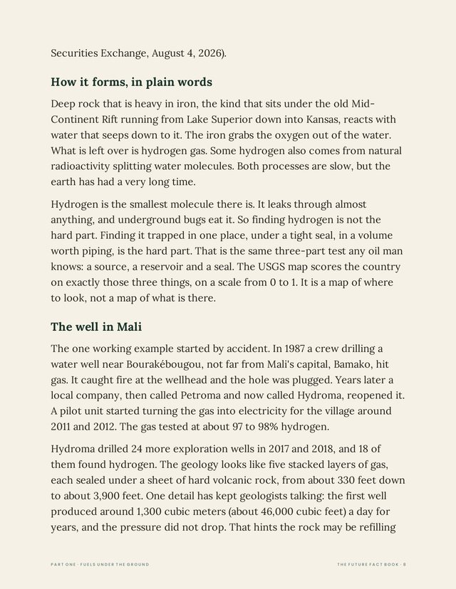 Page 8 of The Future Fact Book: chapter 1, how natural hydrogen forms and the one working well in Mali.